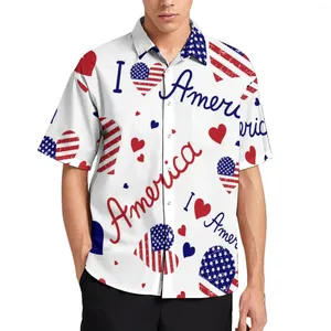 Chemises décontractées pour hommes Drapeau américain Chemise de vacances Hommes I Love USA Stars and Stripes Blouses d'impression d'été Style de rue Vêtements surdimensionnés