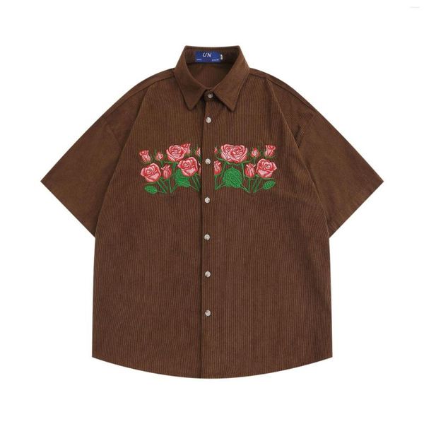 Chemises décontractées pour hommes American Rose Broderie Velours Côtelé Chemise À Manches Courtes Pour Hommes Et Femmes Hip Hop D'été Veste Lâche Streetwear Y2K