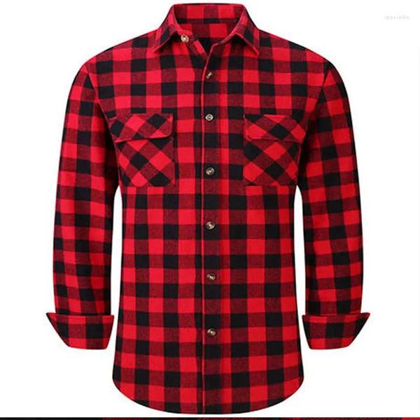 Camisas casuales para hombres Tamaño americano Franela Otoño / Invierno Camisa de manga larga Negocios No planchado Red Plaid Plus Ropa social