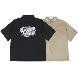 Chemises décontractées pour hommes American Street Letter Broderie Chemise à manches courtes Été Hiphop Tattoo Revers à manches mi-manches Chicano Top Vêtements