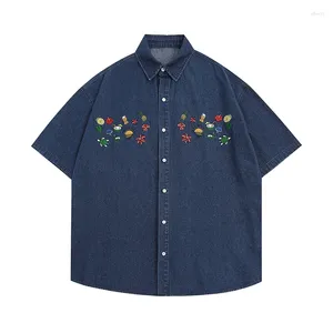 Chemises décontractées pour hommes American Vintage Fun Broderie Denim Chemise à manches courtes Hommes et femmes Veste d'été en vrac