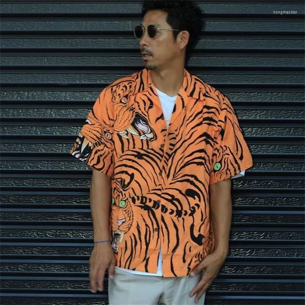 Camisas y blusas casuales para hombres Wacko Maria Tiger Print Summer Orange Hawaiian Ropa Camisa de ocio para hombres y mujeres Ropa Plain 2023