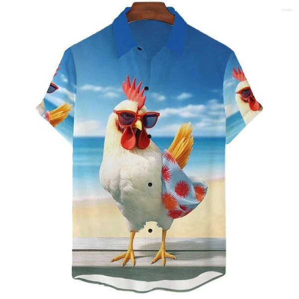 Camisas informales para hombre con estampado de gallo Animal para hombre de verano de manga corta con solapa ropa de gran tamaño Tops pulóver hawaiano para hombre