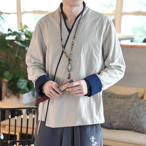 Chemises décontractées pour hommes Aransue printemps automne style chinois incliné avant col croisé vêtements d'extérieur à manches longues Hanfu petit haut