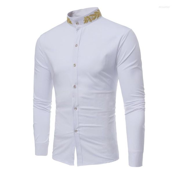 Camisas informales para hombre llegada 2023 camisa blanca para hombre manga larga cuello mandarín botón abajo con bordado primavera Formal hombre