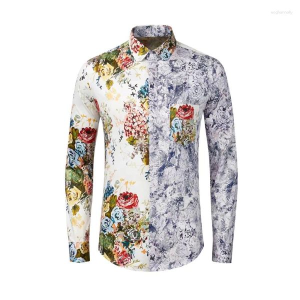 Camisas casuales para hombres Llegada Otoño Flor grande combinada con camisa azul con estampado digital delgado Producto Cómodo Tamaño de fábrica M-4XL