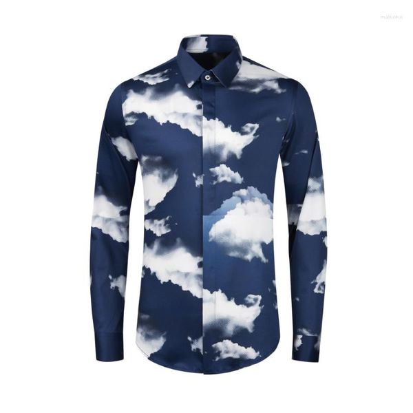 Chemises décontractées pour hommes Arrivée Blue Sky And White Cloud Figure Digital Cotton Print Slim Fit Chemise à manches longues Mode Personnalité Taille M-4XL