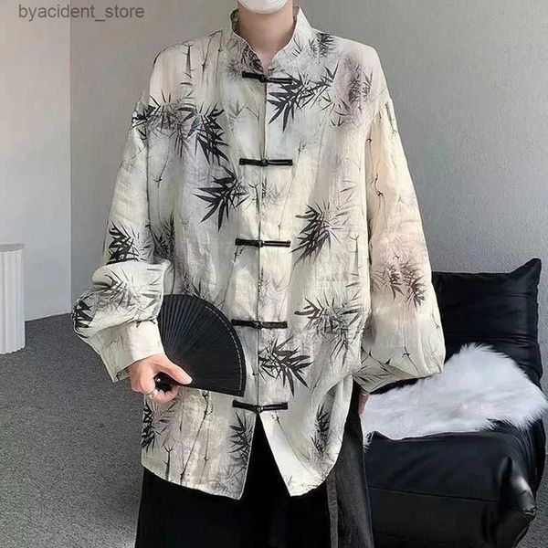 Camisas casuales para hombres Arte Hombres Estilo chino Hanfu Tops Tradicional Étnico Kung Fu Camisa de moda Ropa de protección solar Hoja de bambú Pan Botón Impresión Top L240306