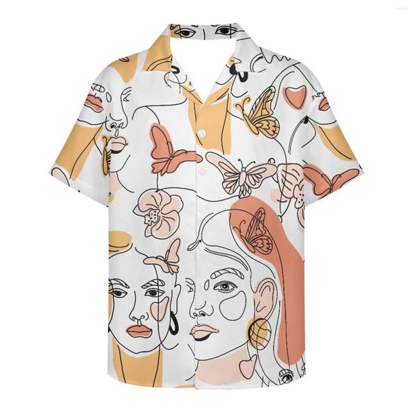 Camisas informales para hombre, diseño de líneas artísticas, cara de belleza, personalidad a la moda, 2023, suelta, transpirable, estampado 3d, playa hawaiana fresca a la moda