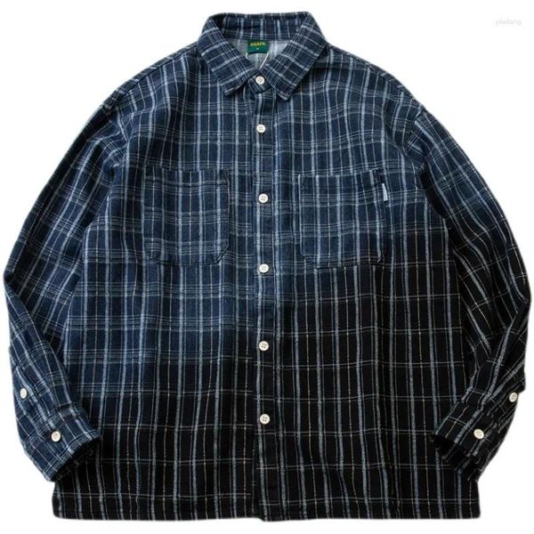 Chemises décontractées pour hommes Automne 2024 Japonais Coton Lin Lavage Dégradé Bleu Noir Plaid Lâche Manches Longues Chemise High Street