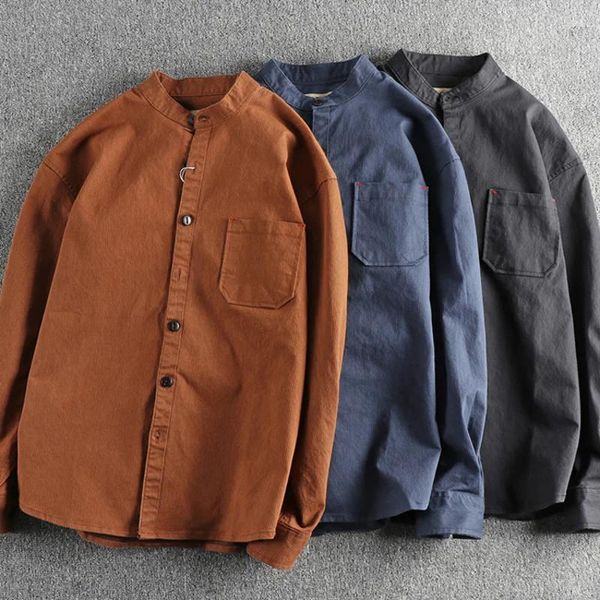 Camisas casuales para hombres Otoño e invierno Pana Tendencia retro Pequeño soporte Collar Camisa de manga larga Moda Abrigo fino