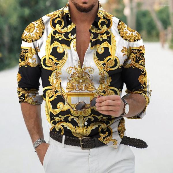 Camisas casuales para hombres Otoño barroco para hombres 3D Camisa social de lujo de manga larga con cuello en V Tops de gran tamaño Camisetas Homme Ropa