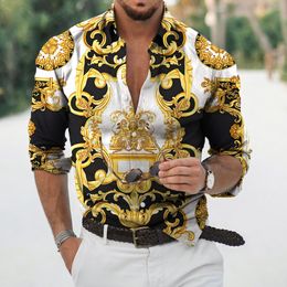 Chemises décontractées pour hommes Automne Chemises baroques pour hommes 3D baroque à manches longues de luxe chemise sociale col en v surdimensionné hauts t-shirts chemise homme automne vêtements 230220