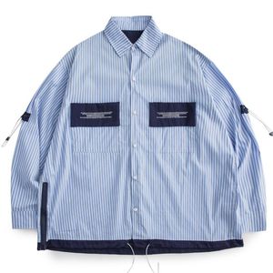 Chemises décontractées pour hommes automne bleu rayé poche plaquée chemise manteaux hommes femmes lâche à manches longues veste Harajuku Streetwear bouton chemise hommes