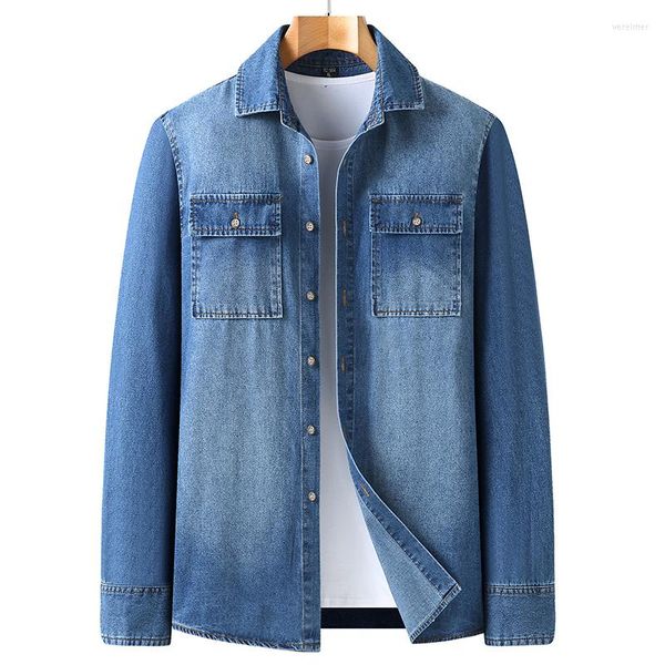 Camisas casuales para hombres Otoño Algodón Denim Hombres Slim Fit Smart Color Sólido Manga larga Mens Jeans Camisa Moda Hombre Negro Blu