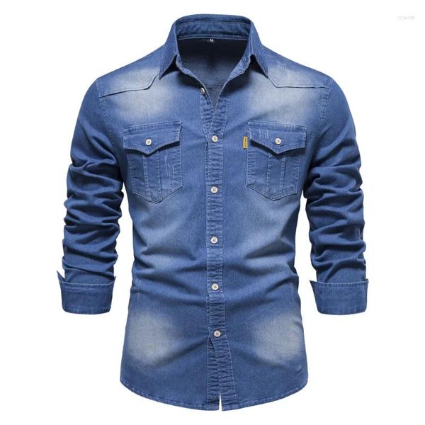 Camisas casuales para hombres Camisa de mezclilla de algodón de otoño para hombres 2023 Manga larga de alta calidad Color sólido Vaquero Slim Fit Designer Top