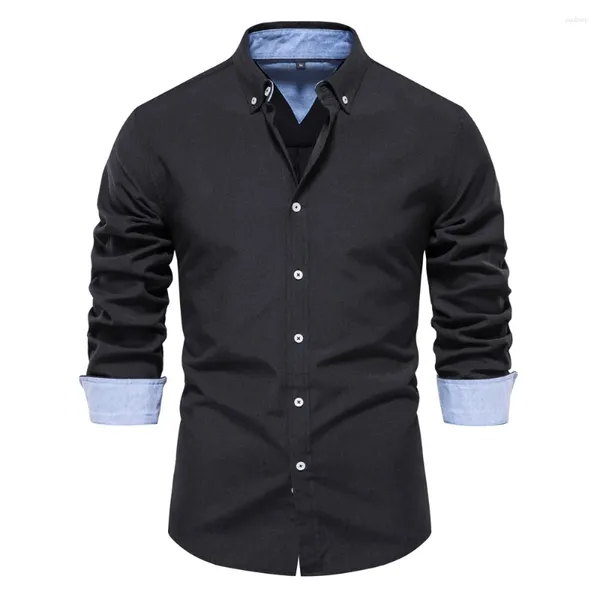 Camisas casuales para hombres Otoño Algodón Oxford Camisa Hombres Manga larga Botón Abajo Color Sólido Calidad Social Negocio Negro para 2023