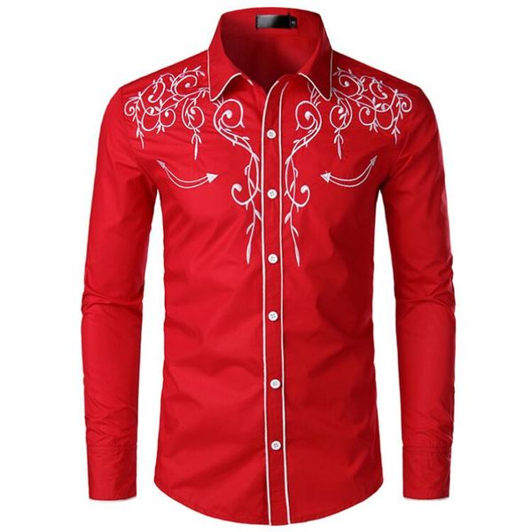 Chemises décontractées pour hommes automne mode chemise brodée Style occidental américain coupe ajustée mince col rabattu à manches longues