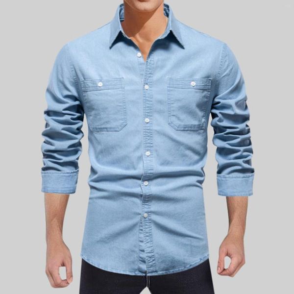 Camisas casuales para hombres Moda de otoño Camisa de mezclilla de manga larga delgada simple Color sólido Solapa de un solo pecho Suelta Versátil