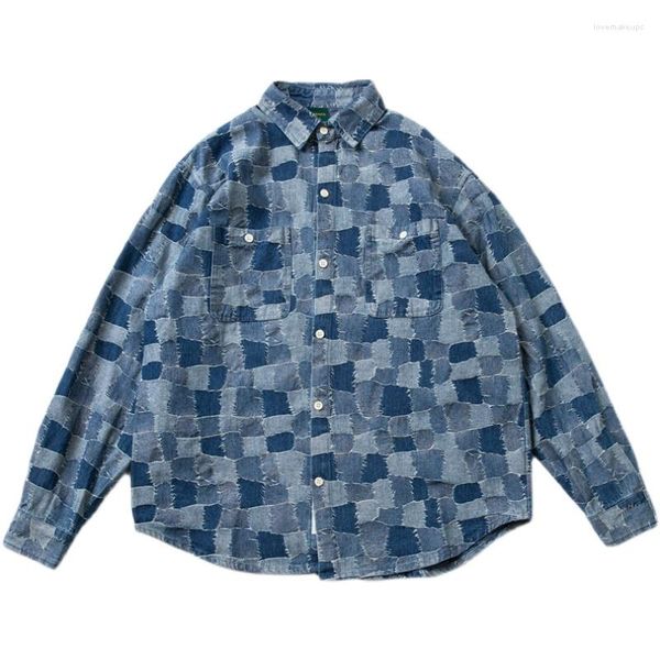 Camisas casuales para hombres Otoño Parche japonés Plaid Impresión visual Camisa de mezclilla Cityboy Tipo suelto Abrigo de manga larga Moda