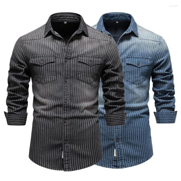 Camisas casuales para hombres Otoño Temperamento suelto para hombre Lavado a rayas a rayas de alta calidad Jeans de manga larga Camisa Slim Denim Masculino