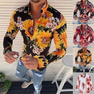 Chemises décontractées pour hommes automne homme chemise haut mode hawaïen imprimé tournesol boutonné à manches longues Blouse