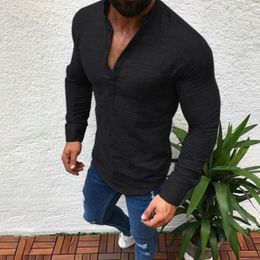 Chemises décontractées pour hommes automne hommes chemise en lin couleur unie col rabattu à manches longues Gentleman Fitness vêtements élégants