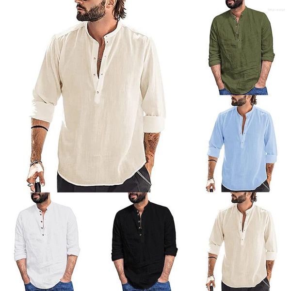 Camisas casuales para hombres Otoño para hombre Camisa de manga larga con botones Blusa de algodón Fitness Suelto Sólido Vintage Henley Tops con cuello en V Camisetas