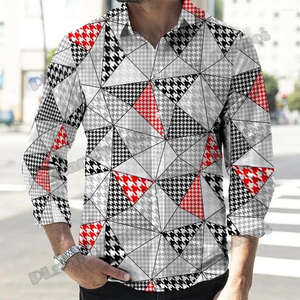 Camisas casuales para hombres Otoño Social Hombres Turn Down Collar Shirt Houndstooth Patrón 3D Impreso Moda Botón de manga larga CXS41