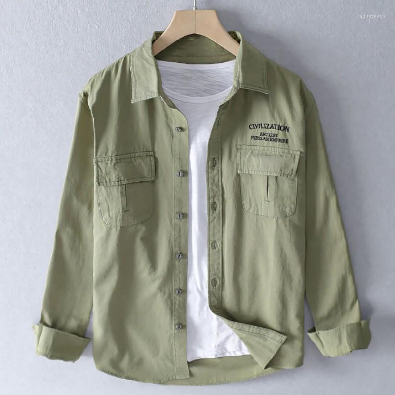 Camicie casual da uomo Autunno Primavera Uomo Camicette di cotone militare Manica lunga Bottone Abito da lavoro sociale con tasche Cargo da lavoro