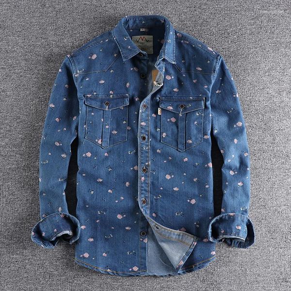 Camisas casuales de los hombres Otoño Invierno American Retro Denim Floral Cargo Shirt Moda Pure Cotton Washed Old Youth Pocket Blusas Abrigo