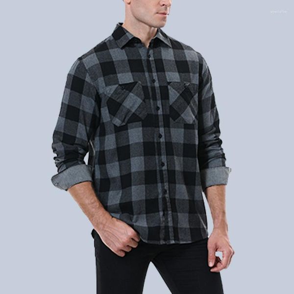 Camisas informales para hombre, ropa de Otoño Invierno, camiseta de manga larga, cuello vuelto, Panel a cuadros, bolsillo, moda, negocios, Tops a rayas