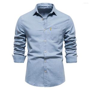 Chemises décontractées pour hommes Automne Hiver Hommes Denim Chemise Coton À Manches Longues Couleur Solide Poche Unique Mode Jeans Pour