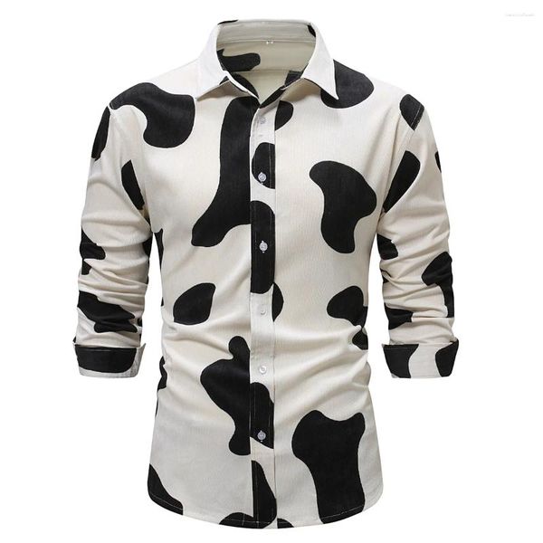 Camisas casuales para hombres Otoño Invierno Pana cálida Blusa con estampado de vaca blanca Moda masculina Diseñador diario Fiesta Clubwear Chemise Hombre