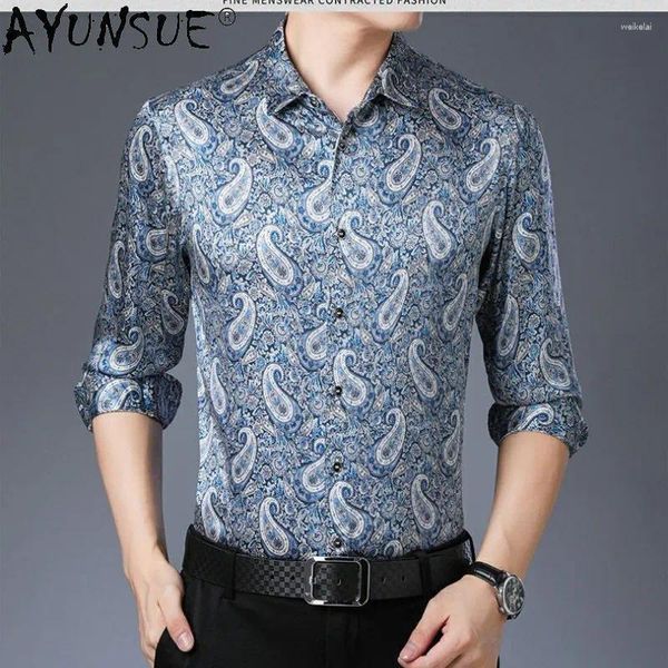 Camisas casuales para hombres Camisa de seda Ayunsue Manga larga Mulberry Satin T Ropa impresa para hombres Camisa azul