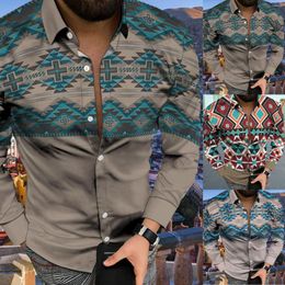 Chemises décontractées pour hommes Aztèque imprimé géométrique ethnique pour hommes 3D impression numérique poche revers chemise à manches longues plage vacances beaux hommes hauts