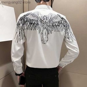 Mannen Casual Shirts Back Angel Gedrukt Lange Mouwen Sociale Shirts Mannen Lente Herfst Mode Koreaanse Slim Fit Mens Wing Shirt Tops Camisas De Hombre T230714