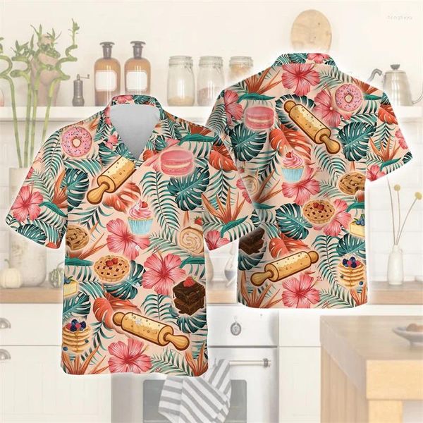 Camisas casuales para hombres Amante de la repostería Impresión 3D Playa para hombres Ropa Pastel Chef Manga corta Trabajo Uniforme Hawaiano Mujeres Solapa Blusa