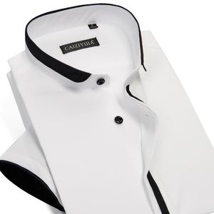 Chemises décontractées pour hommes col à bandes avec passepoil noir conception sans poche en coton été mince à manches courtes coupe standard hauts chemise