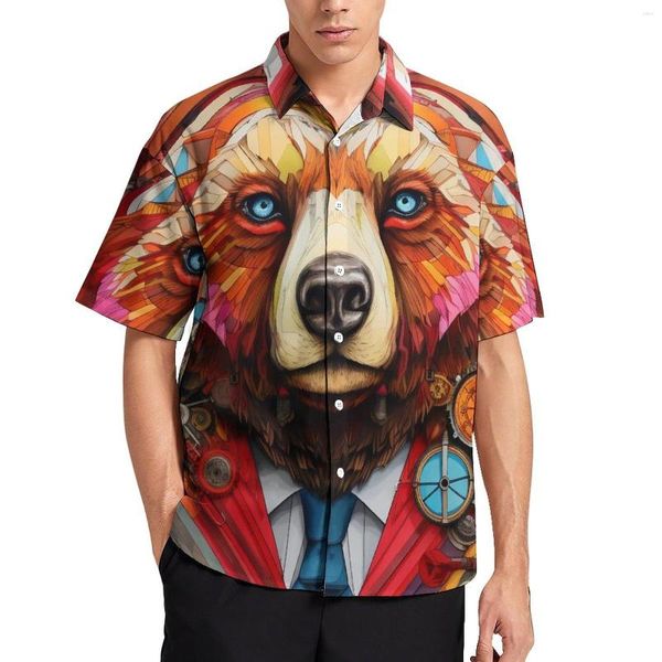 Camisas casuales para hombres Camisa de oso Lápiz de dibujos animados de colores Arte Vacaciones Blusas frescas hawaianas sueltas Patrón de manga corta Tops de gran tamaño