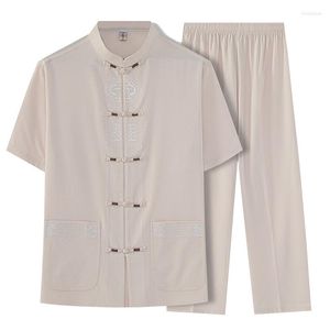 Chemises décontractées pour hommes Beige Style chinois traditionnel costume Tang motif de broderie boutons faits à la main Blouse hommes t hauts vestes pantalons