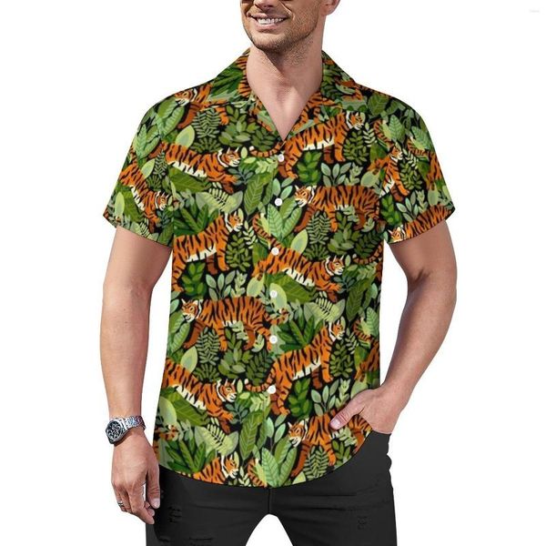 Chemises décontractées pour hommes imprimé tigre du Bengale chemise ample hommes plage vert Jungle été personnalisé manches courtes Vintage surdimensionné Blouses