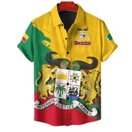 Chemises décontractées pour hommes Shirts graphiques de carte du drapeau benin pour hommes vêtements hawaïens décontractés shirts slve africa country blouses national emblème tops y240506