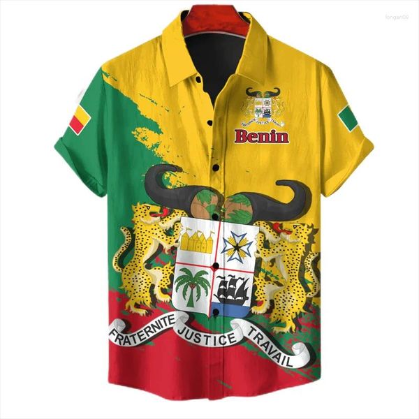 Camisas casuales para hombres Benin Flag Map Graphic para hombres Camisa de manga corta Hawai.
