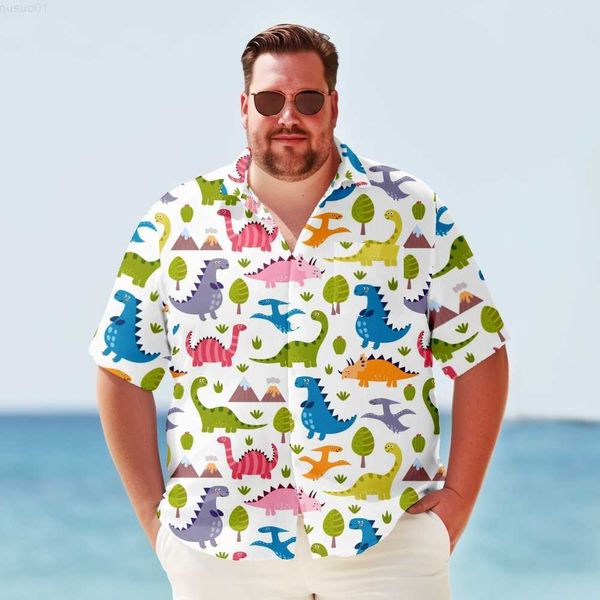 Chemises décontractées pour hommes Big Tall Haiian Shirt pour hommes Vintage Cartoon dinosaure imprimé été grande taille à manches courtes vêtements surdimensionnés Y2kStreetwear L230715