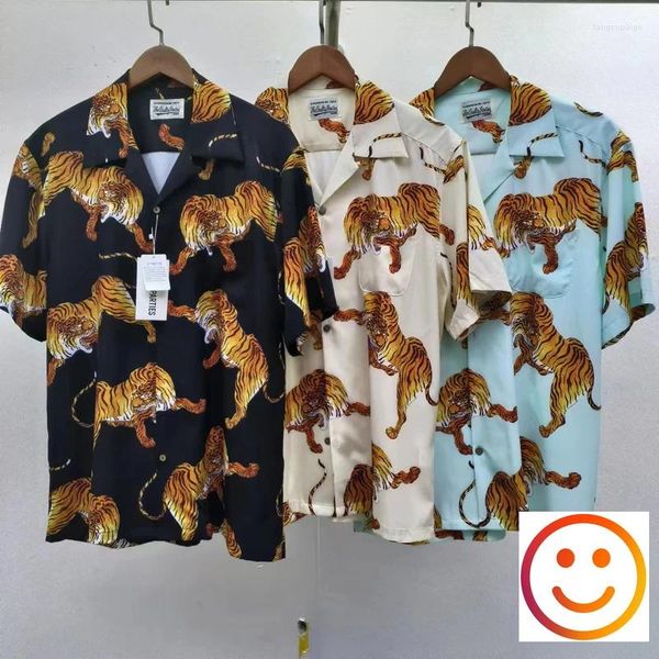 Chemises décontractées pour hommes Big Yellow Tiger Print Wacko Maria Court pour hommes Femmes Hawaii Beach Loose T-shirt Vêtements Japon
