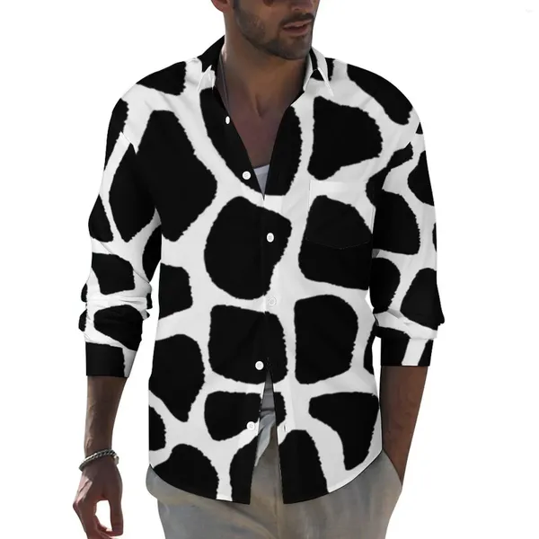 Camisas casuales para hombres Camisa de jirafa en blanco y negro Estampado animal Diseño de manga larga Blusas de calle Otoño Cool Top de gran tamaño