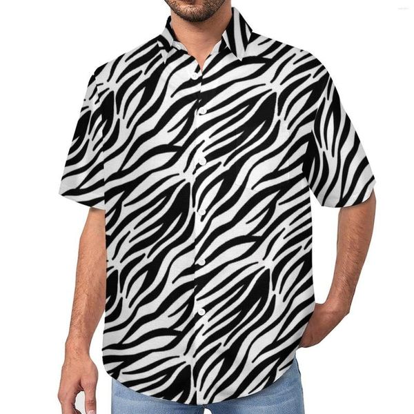 Camisas informales para hombre, camisa de cebra en blanco y negro, estampado de rayas, blusas holgadas de moda hawaiana para vacaciones, ropa de gran tamaño de manga corta