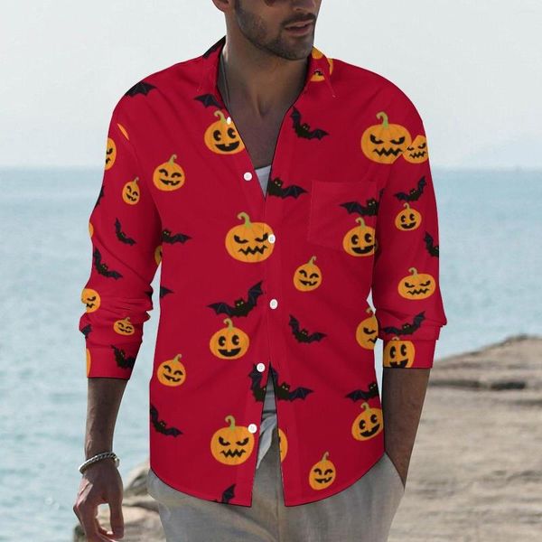 Chemises décontractées pour hommes motif chauve-souris noir homme Halloween chemise citrouille rouge à manches longues rétro élégant Blouses automne hauts personnalisés grande taille