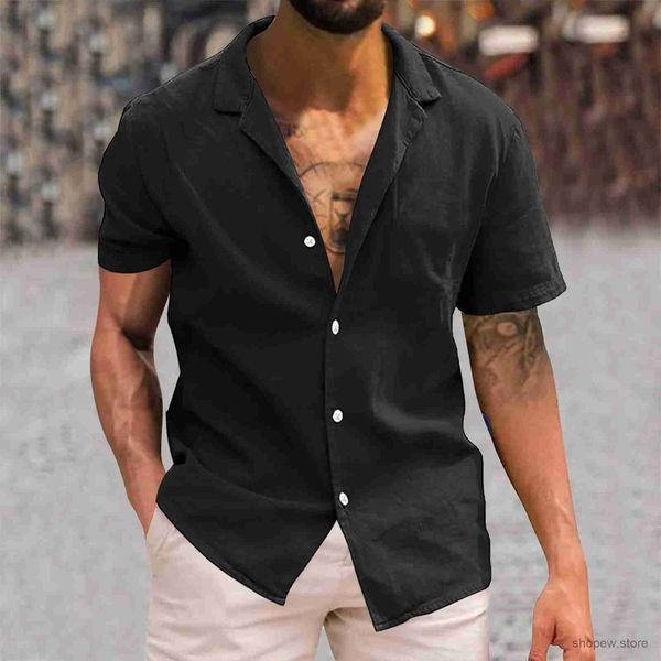 Camisas Casuales para Hombres Camisa Hawaiana Estilo Playa Negra Tops Manga Corta Cuello Vuelto Blusa con Botones de Lino de Algodón Estilo de Viaje de Trabajo Camisa Suelta Masculina